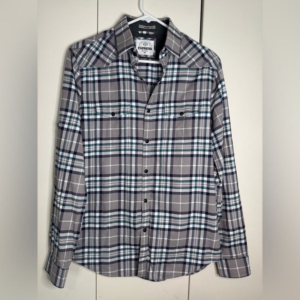 Express Gray green and white  Casual Button Down Shirt